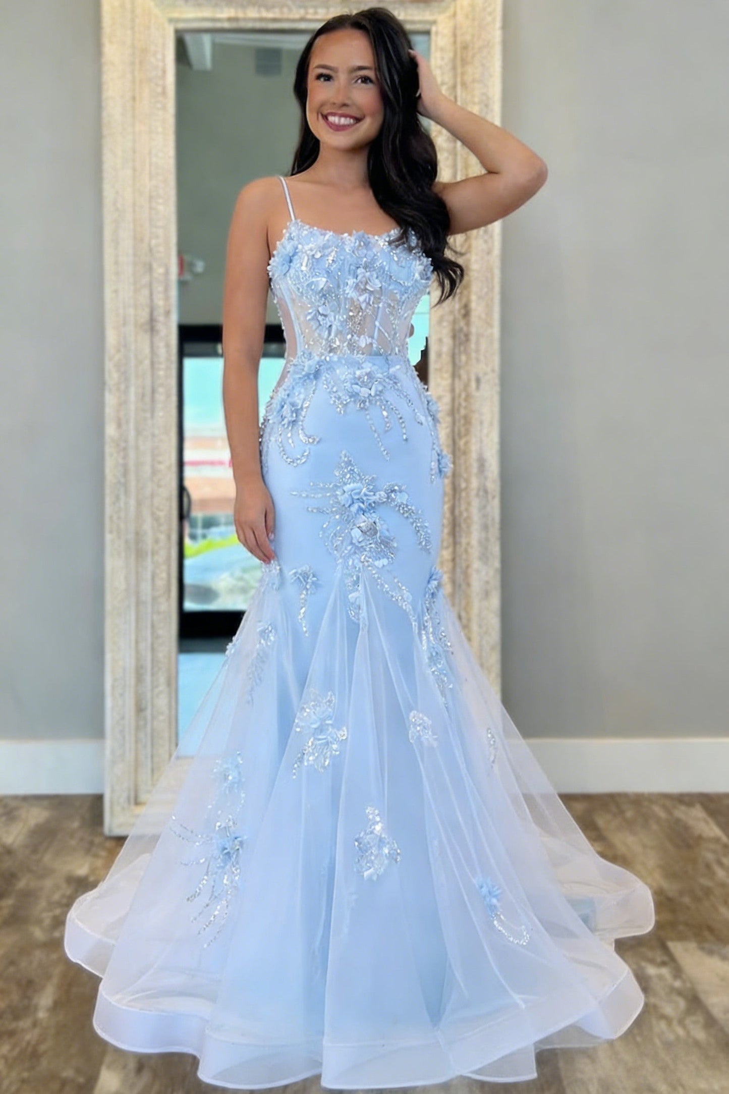 Mermaid Spaghetti Straps Light Blue Mermaid Prom Dress with Tulle Train