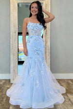 Mermaid Spaghetti Straps Light Blue Mermaid Prom Dress with Tulle Train