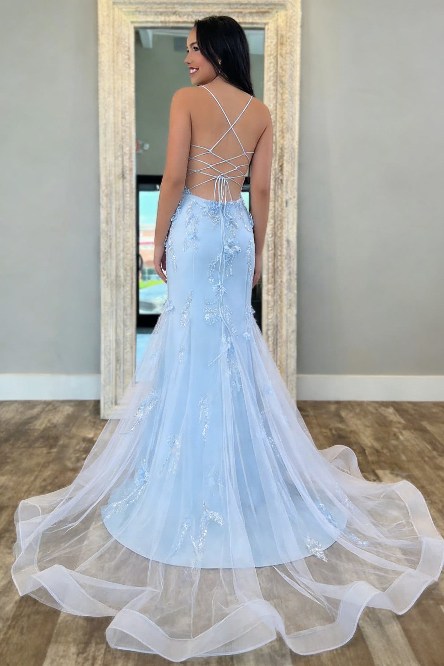 Mermaid Spaghetti Straps Light Blue Mermaid Prom Dress with Tulle Train