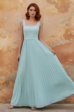 Blue Square Neck Sleeveless A-Line Bow Evening Dress