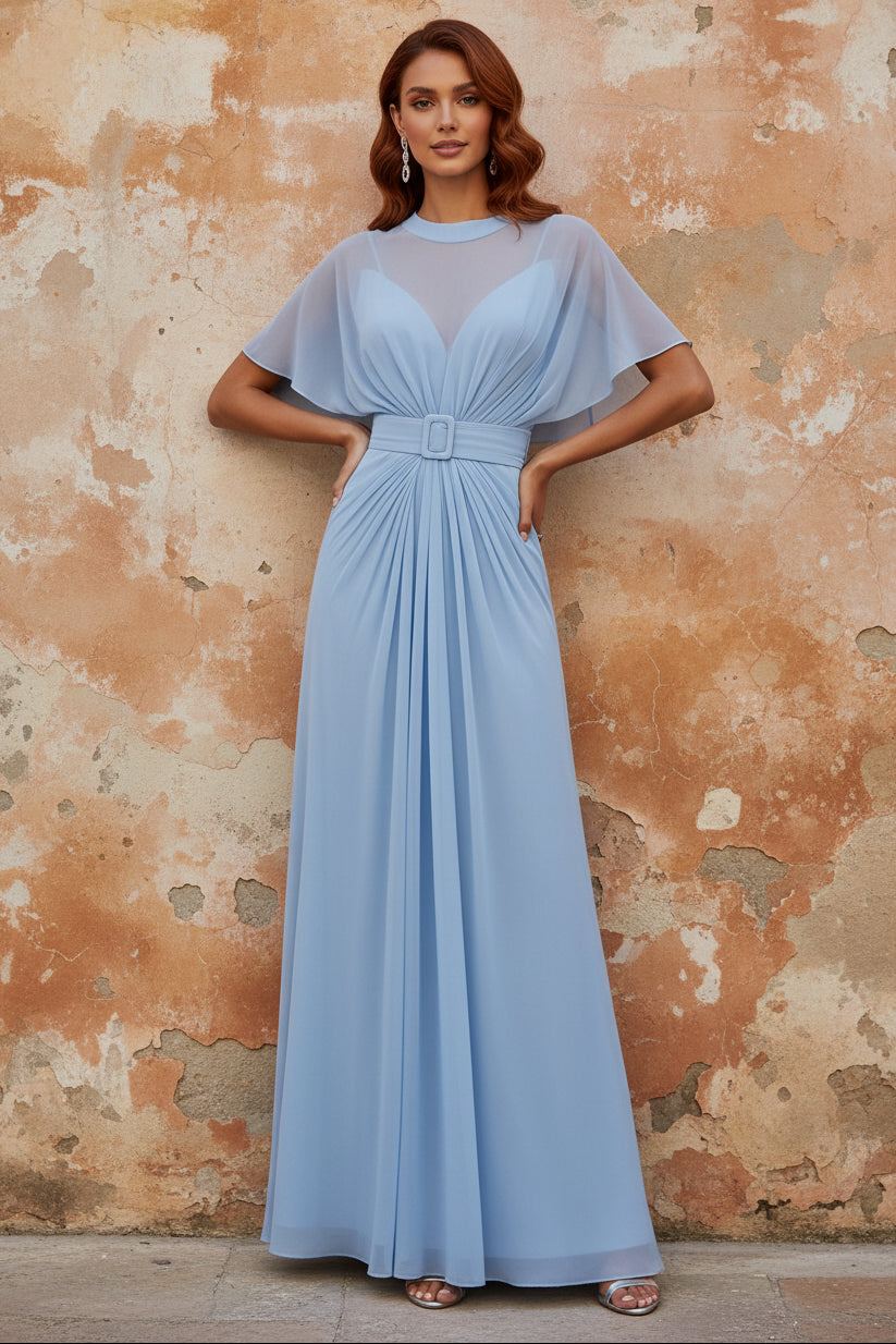 Light Blue Ruched Chiffon Crew Neck Short Sleeve A-Line Evening Dress