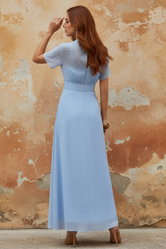 Light Blue Ruched Chiffon Crew Neck Short Sleeve A-Line Evening Dress