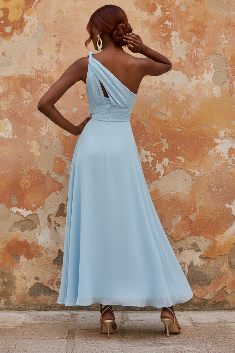 Ruched Chiffon One Shoulder Sleeveless A-Line Evening Dress