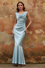 Ruched Satin Cowl Neck Sleeveless Mermaid Evening Dress