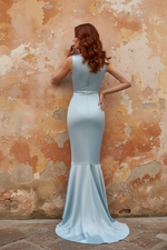 Ruched Satin Cowl Neck Sleeveless Mermaid Evening Dress