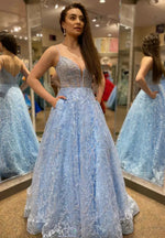 Spaghetti Straps Blie A-Line Applique Sparkle Lace Floor-Length Prom Dress