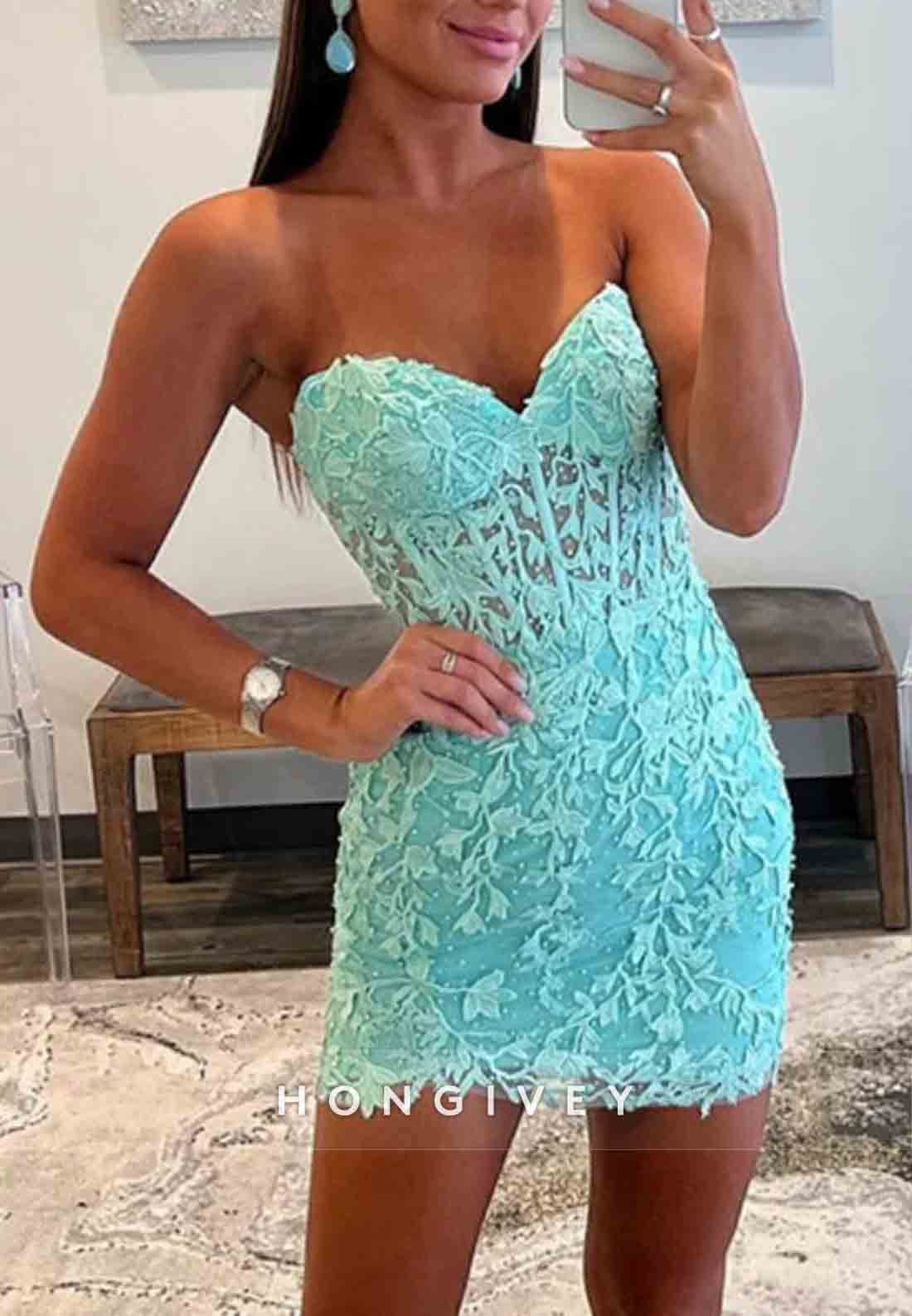 Sweetheart Strapless Tie Back Sheath Short Homecoming Dresses with Appliques