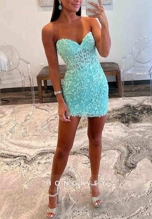 Sweetheart Strapless Tie Back Sheath Short Homecoming Dresses with Appliques