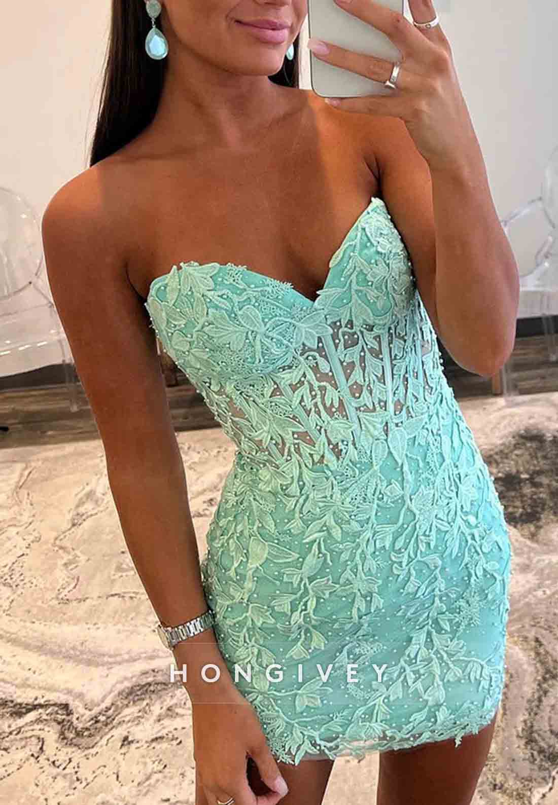 Sweetheart Strapless Tie Back Sheath Short Homecoming Dresses with Appliques