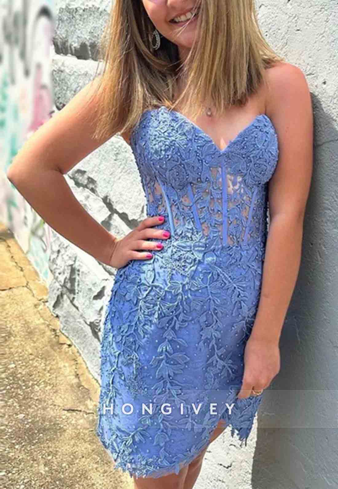 Sweetheart Strapless Tie Back Sheath Short Homecoming Dresses with Appliques