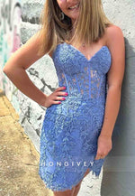 Sweetheart Strapless Tie Back Sheath Short Homecoming Dresses with Appliques