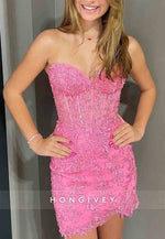 Sweetheart Strapless Tie Back Sheath Short Homecoming Dresses with Appliques