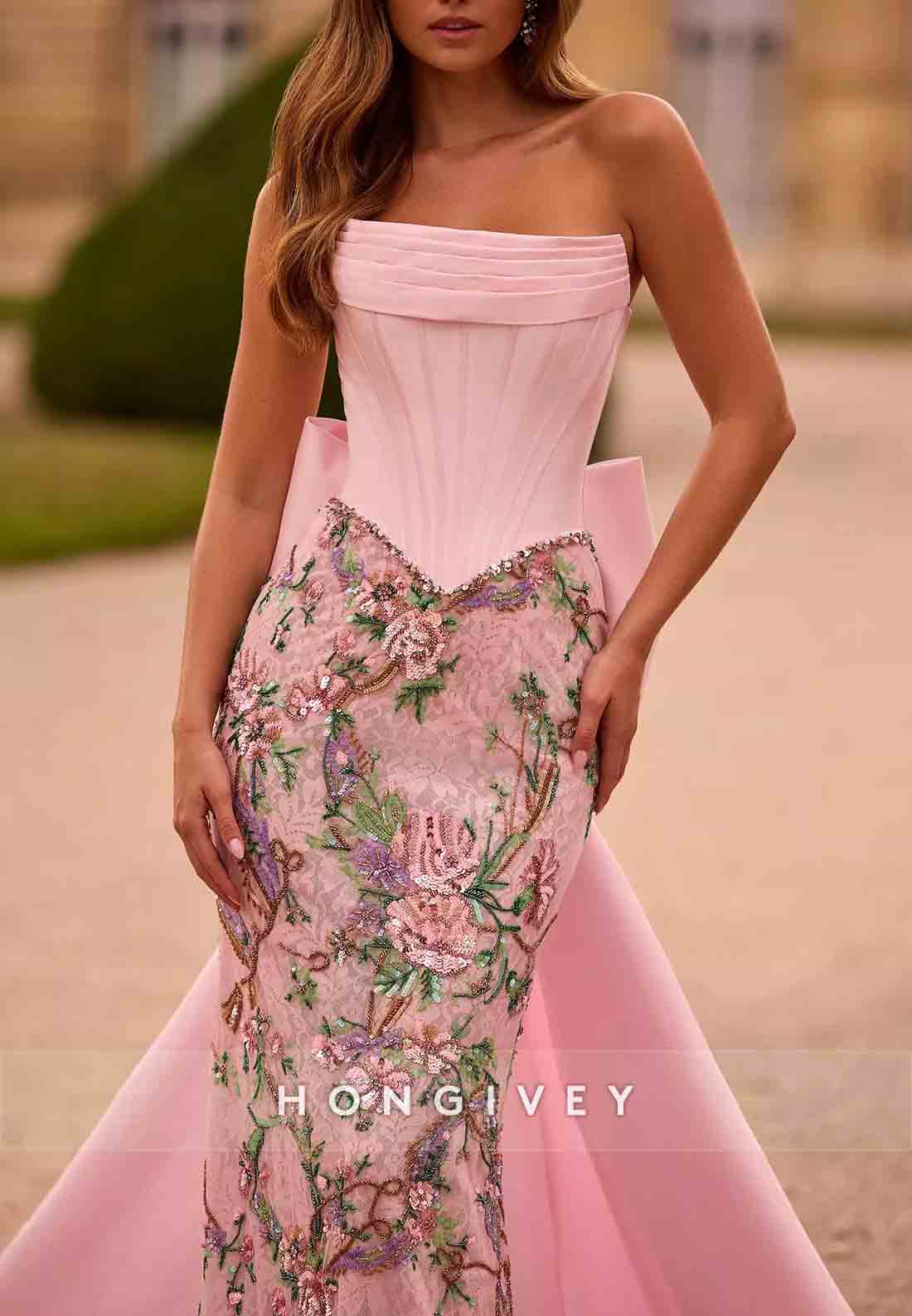 Sheath Light Pink Embroidery Strapless Satin Floor-Length Prom Dresses