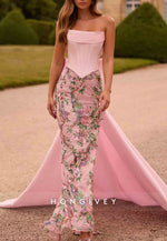 Sheath Light Pink Embroidery Strapless Satin Floor-Length Prom Dresses