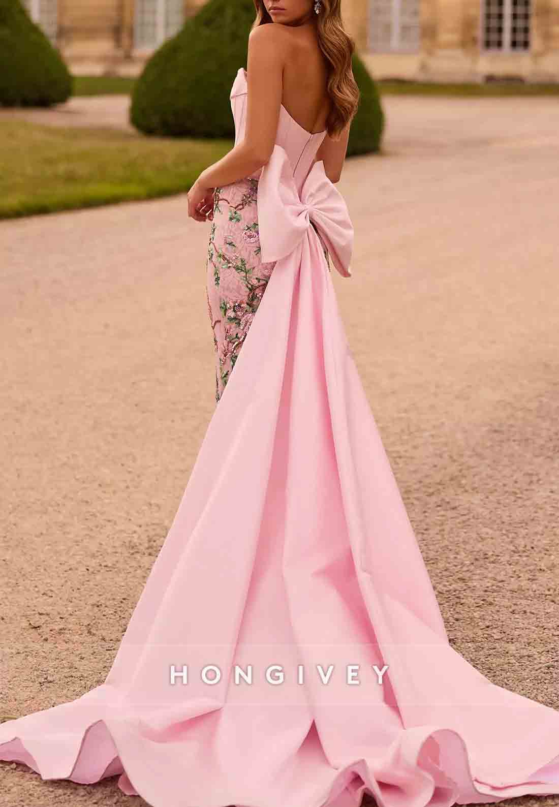 Sheath Light Pink Embroidery Strapless Satin Floor-Length Prom Dresses