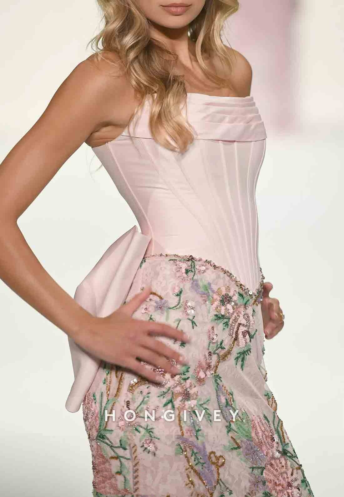 Sheath Light Pink Embroidery Strapless Satin Floor-Length Prom Dresses