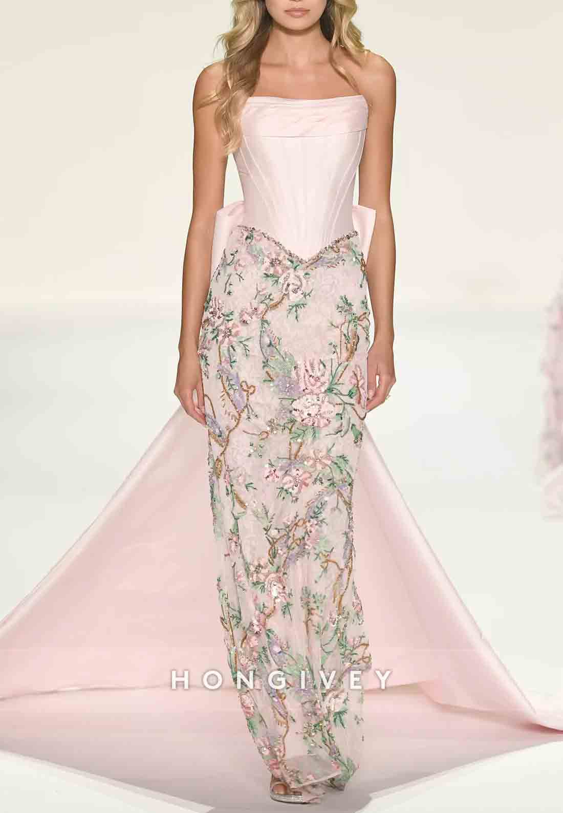 Sheath Light Pink Embroidery Strapless Satin Floor-Length Prom Dresses