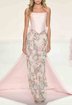 Sheath Light Pink Embroidery Strapless Satin Floor-Length Prom Dresses