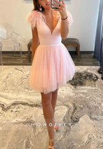 Low V-Neck A-Line Light Pink Sequined Short Homecoming Dresses with Feather