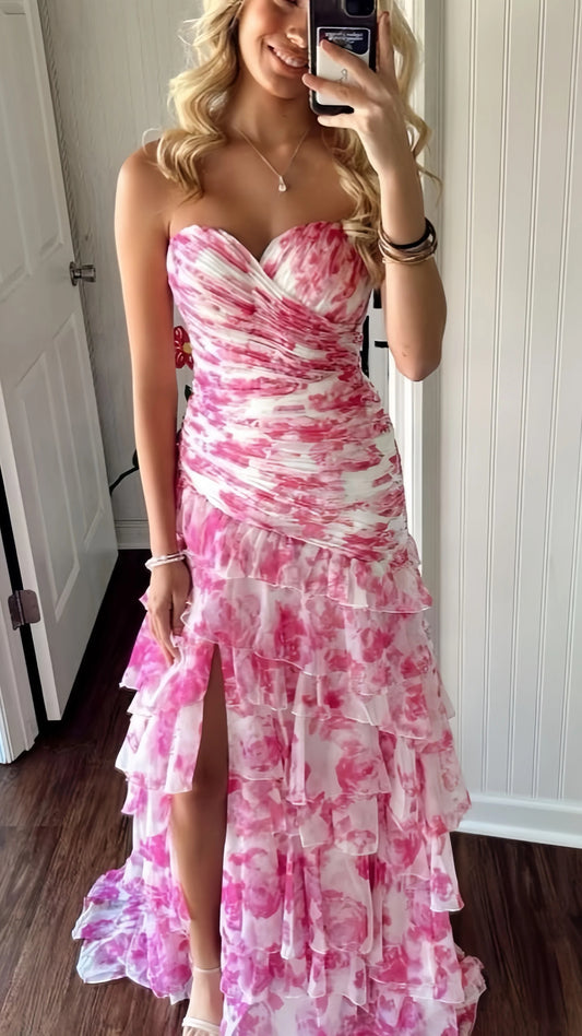 Pink Sweetheart Flowers Floral Print Mermaid Tassel Slde Prom Dress