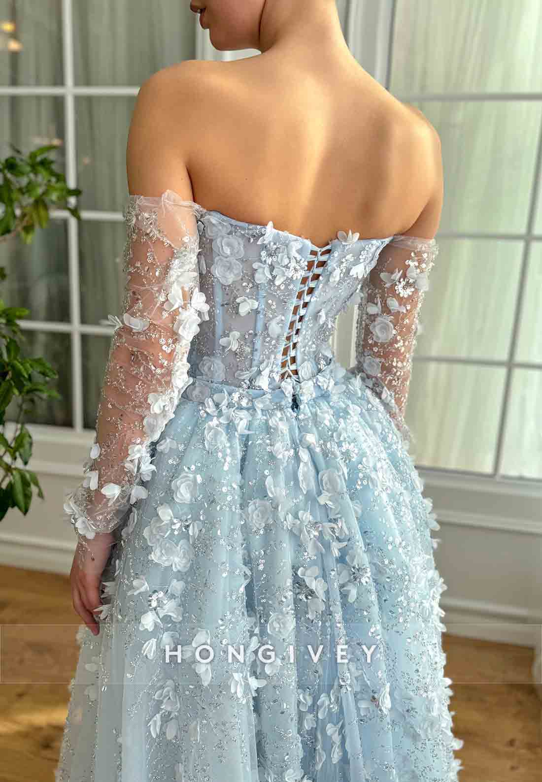 Off the Shoulder Long Sleeves Detachable Flowers Sweep Train Evening Gowns