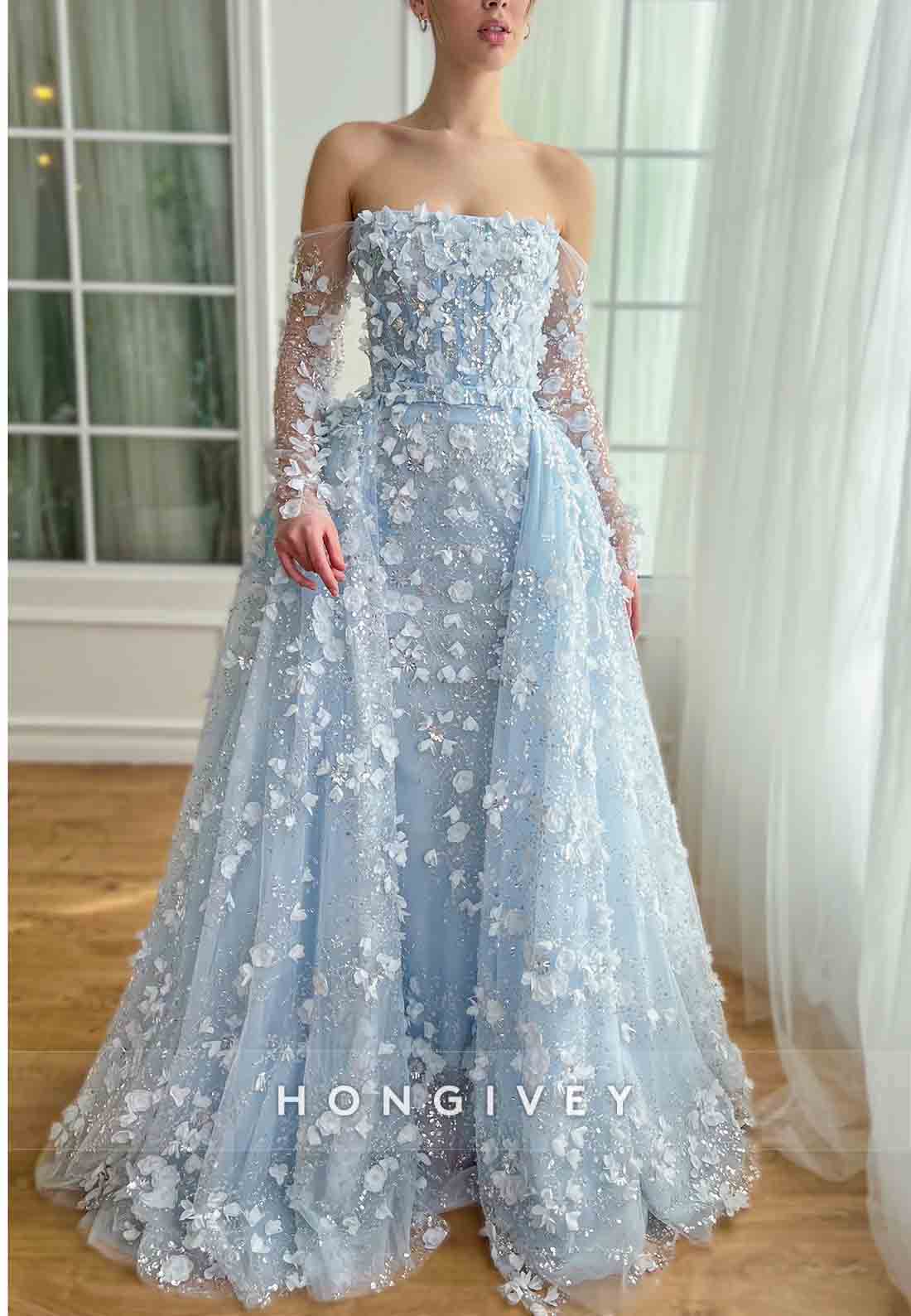 Off the Shoulder Long Sleeves Detachable Flowers Sweep Train Evening Gowns