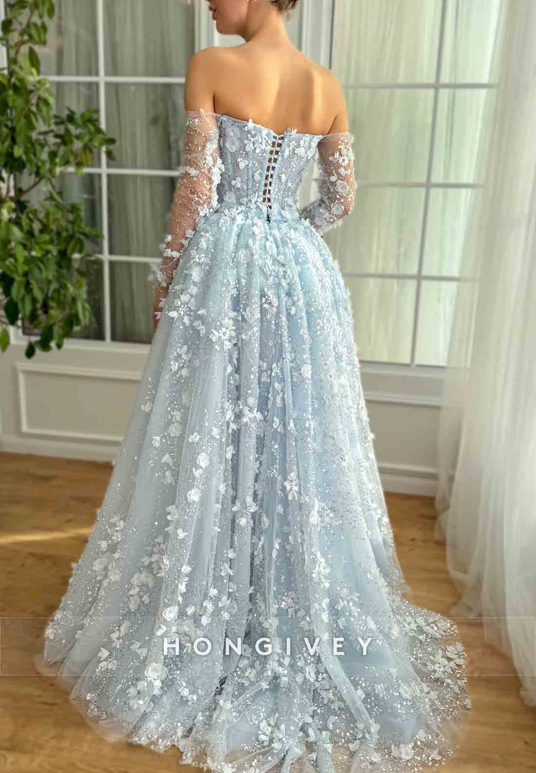 Off the Shoulder Long Sleeves Detachable Flowers Sweep Train Evening Gowns