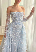 Off the Shoulder Long Sleeves Detachable Flowers Sweep Train Evening Gowns