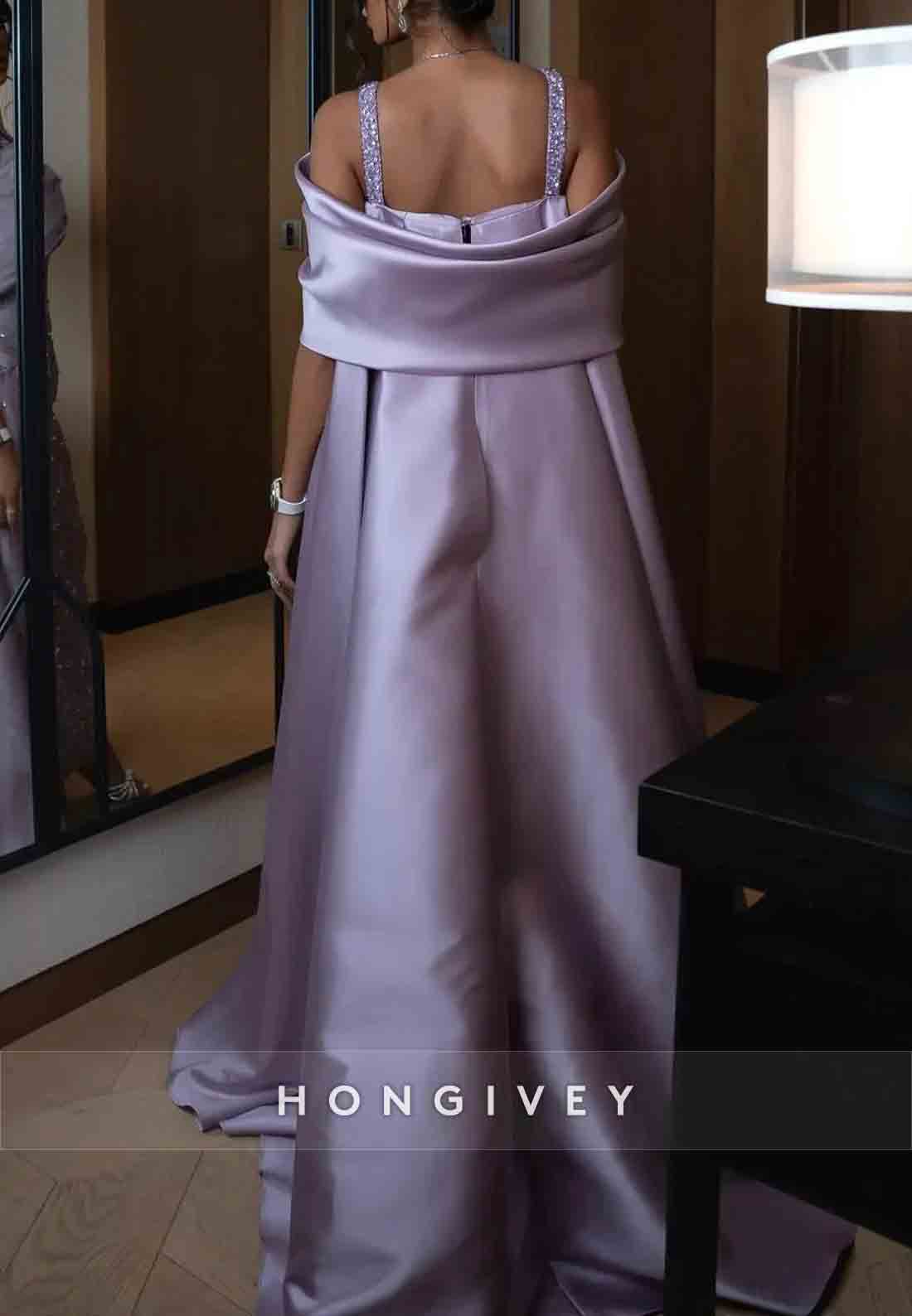 Sheath Satin Ankle-Length Off-Shoulder V-Neck Pleated Appliqued Evening Gowns