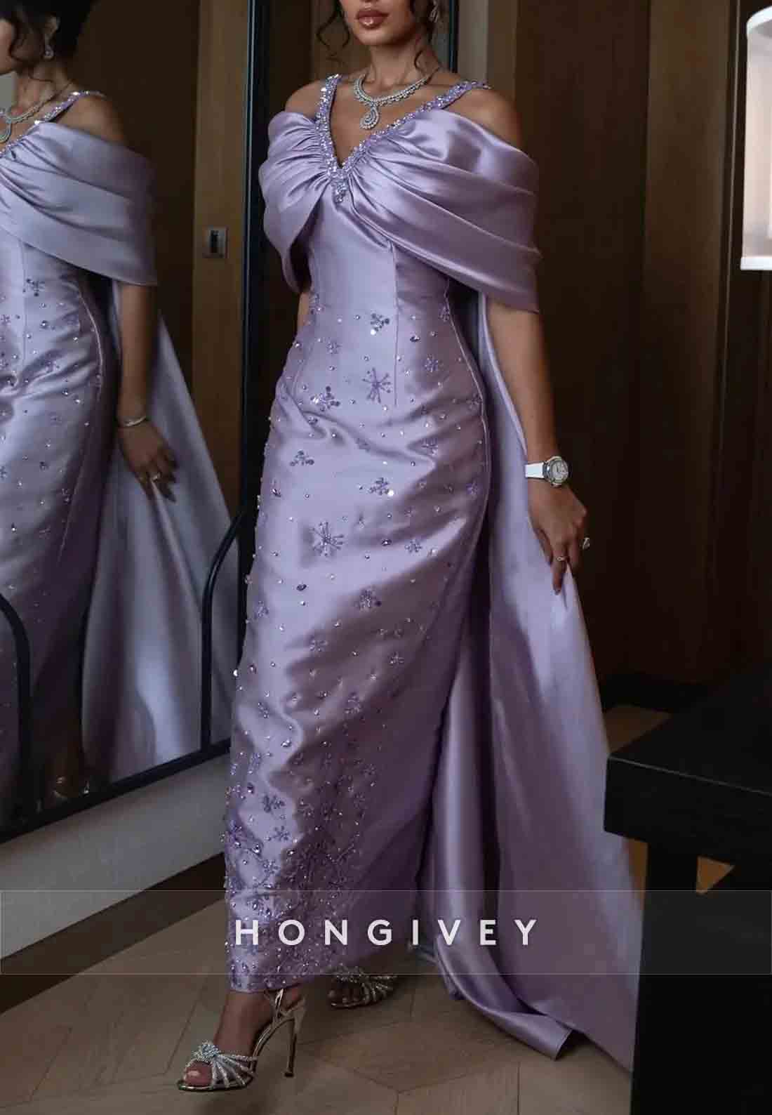 Sheath Satin Ankle-Length Off-Shoulder V-Neck Pleated Appliqued Evening Gowns