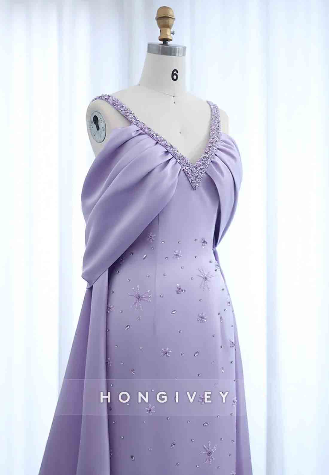 Sheath Satin Ankle-Length Off-Shoulder V-Neck Pleated Appliqued Evening Gowns