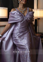 Sheath Satin Ankle-Length Off-Shoulder V-Neck Pleated Appliqued Evening Gowns