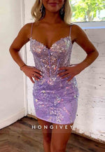 Sparkly Spaghetti Corset Straps Sleeveless Mini Homecoming Dresses