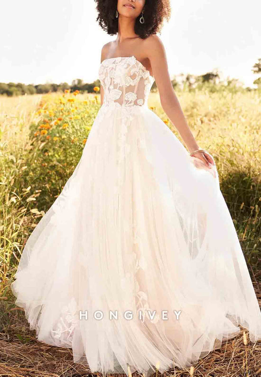 Strapless A-Line Tulle Sweep Train Appliqued Sleeveless Wedding Dresses