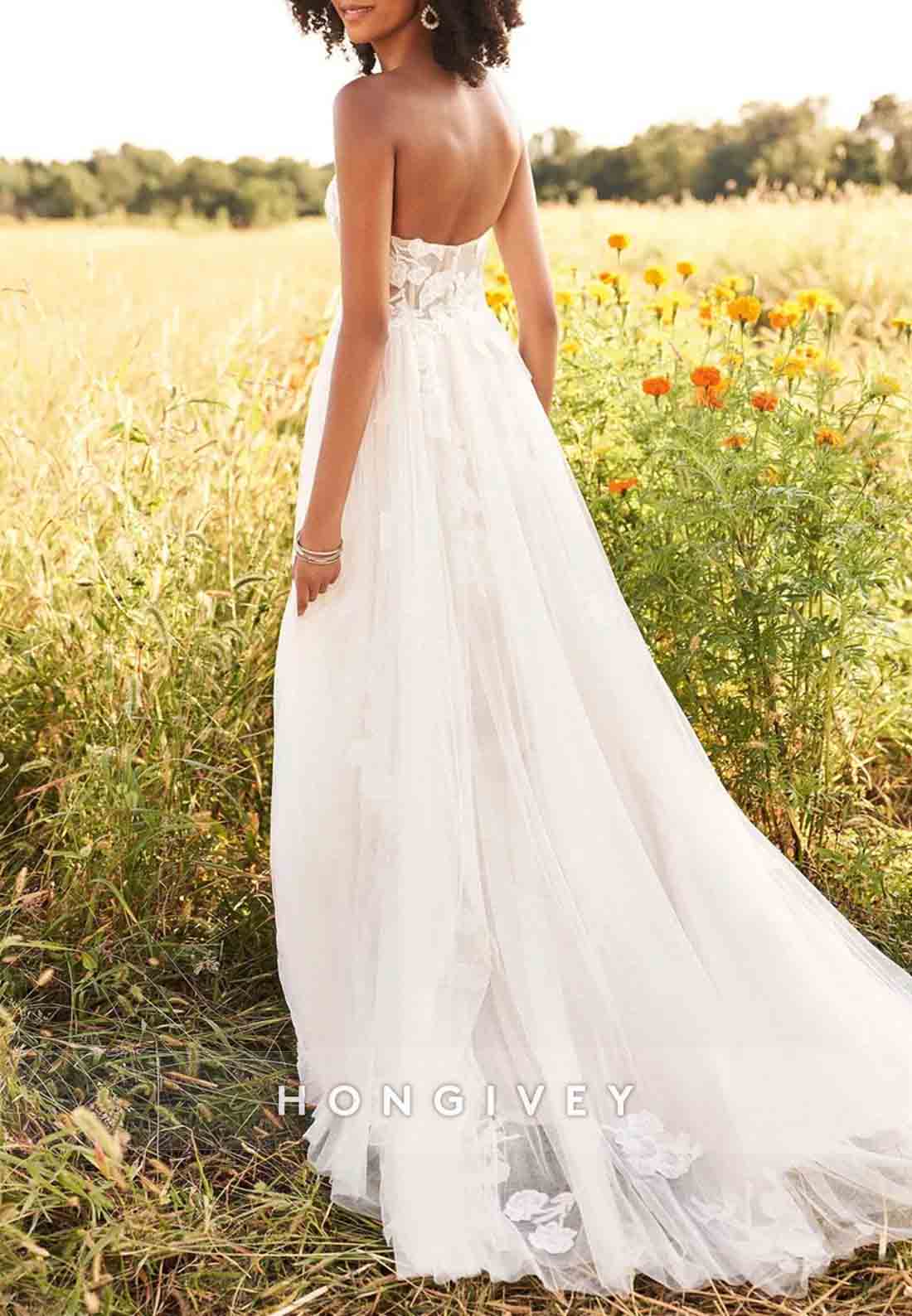 Strapless A-Line Tulle Sweep Train Appliqued Sleeveless Wedding Dresses