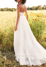 Strapless A-Line Tulle Sweep Train Appliqued Sleeveless Wedding Dresses