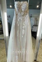 Strapless A-Line Tulle Sweep Train Appliqued Sleeveless Wedding Dresses
