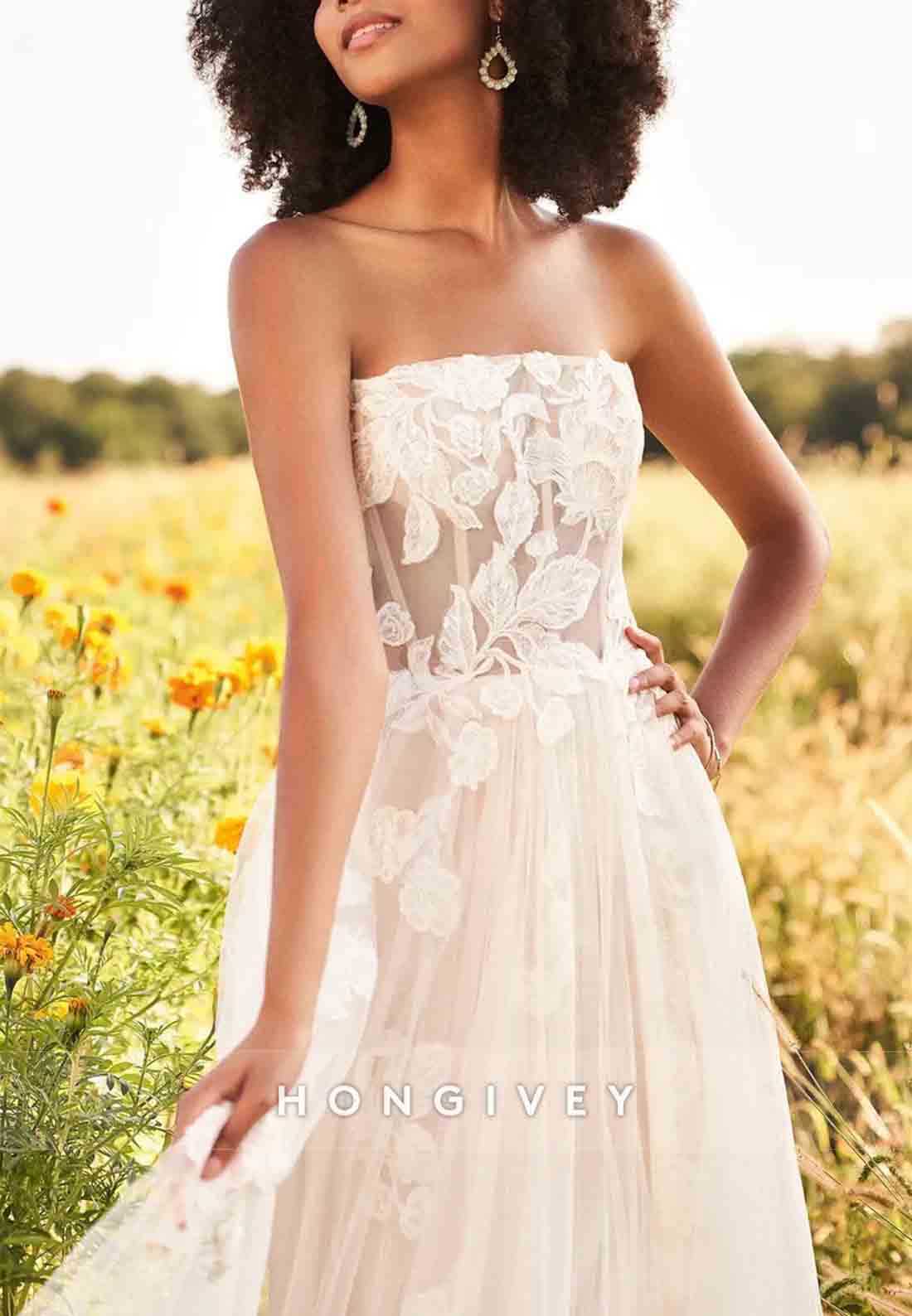 Strapless A-Line Tulle Sweep Train Appliqued Sleeveless Wedding Dresses
