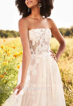 Strapless A-Line Tulle Sweep Train Appliqued Sleeveless Wedding Dresses