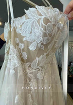 Strapless A-Line Tulle Sweep Train Appliqued Sleeveless Wedding Dresses