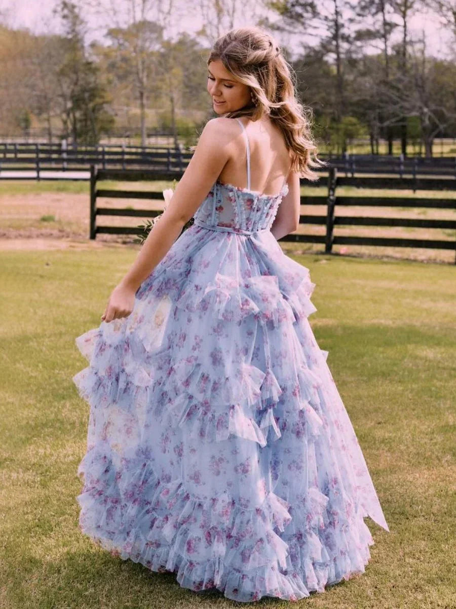 Long A-Line Floral Ruffles Blue Prom Dresses Corset Tulle