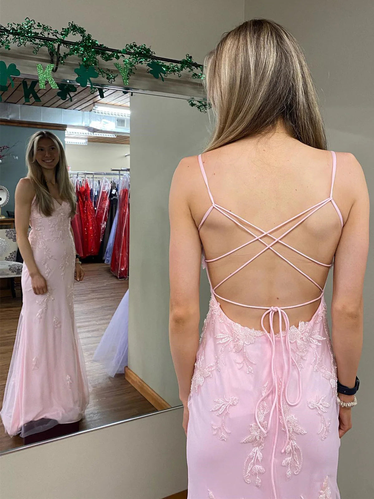 Applique Pink Spaghetti Straps Backless Mermaid Floor-Length Prom Dress Sleeveless