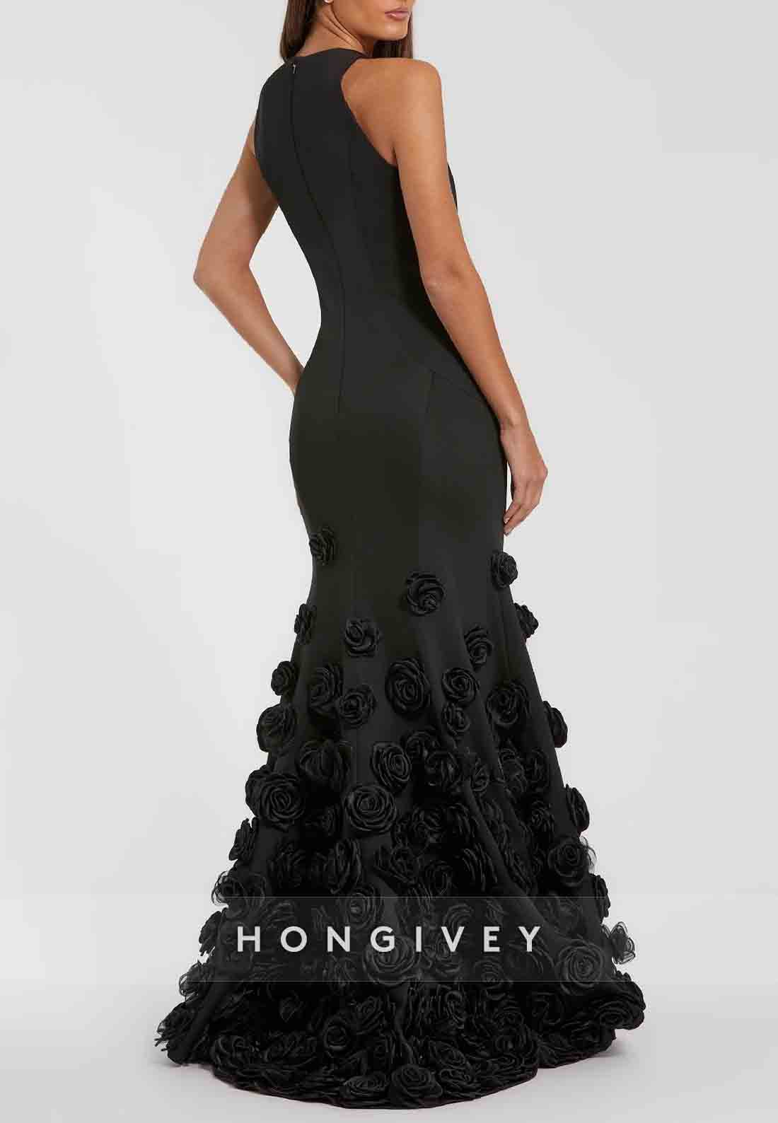 Halter Floor-Length Trumpet Evening Gowns Pleated Flowers Mother of the Bride Dress