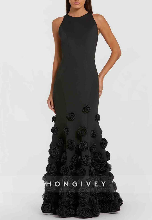 Halter Floor-Length Trumpet Evening Gowns Pleated Flowers Mother of the Bride Dress