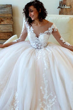 V-Neck Lace Long Sleeve Applique A-Line Floor-Length Wedding Dress