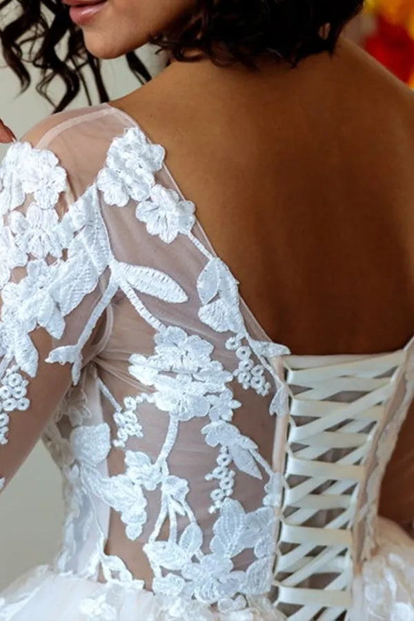 V-Neck Lace Long Sleeve Applique A-Line Floor-Length Wedding Dress