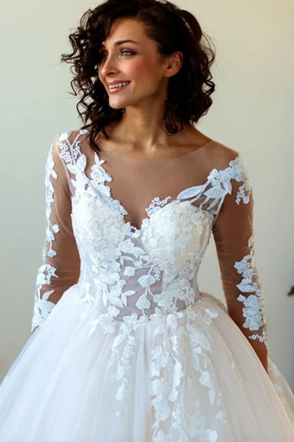 V-Neck Lace Long Sleeve Applique A-Line Floor-Length Wedding Dress