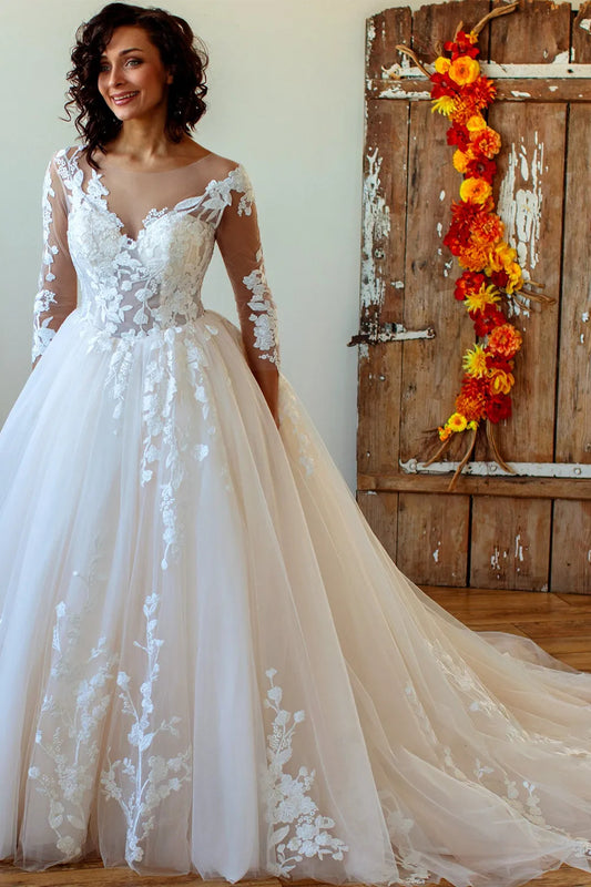 V-Neck Lace Long Sleeve Applique A-Line Floor-Length Wedding Dress