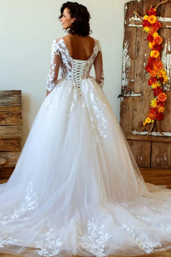 V-Neck Lace Long Sleeve Applique A-Line Floor-Length Wedding Dress