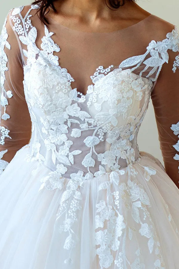 V-Neck Lace Long Sleeve Applique A-Line Floor-Length Wedding Dress